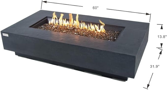 Elementi+ | Bundle Positano Gas Fire Pit Cast Concrete 60" Rectangular Fire Table, Outdoor Fire Pit Electronic Ignition | Canvas Cover, Fire Glass and Burner Lid Included | Dark Gray | Propane Gas