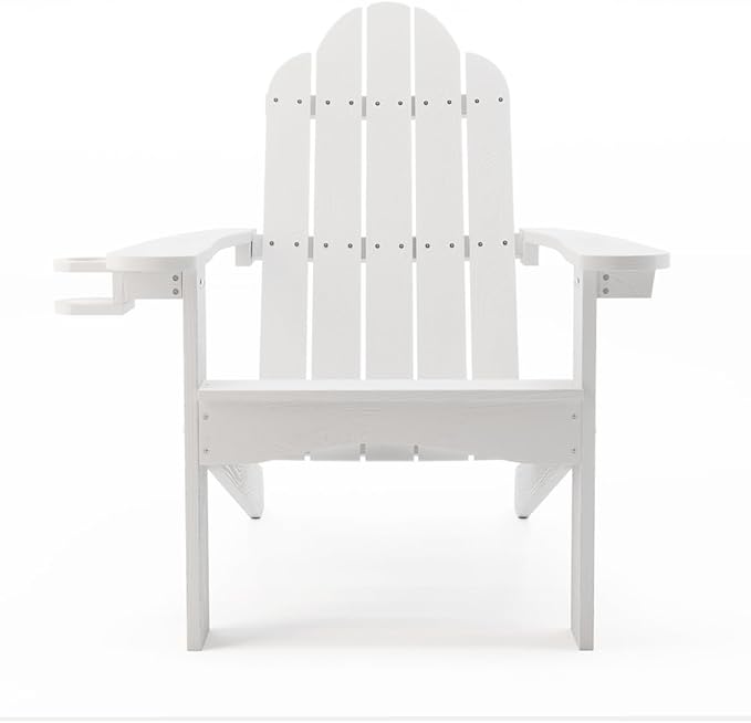 LUE BONA HDPS Adirondack Chairs, Fire Pit Outdoor Chair Weather Resistant with Cup Holder, Modern Plastic Chair Plastic for Patio, Deck, Proch, 350LBS, White