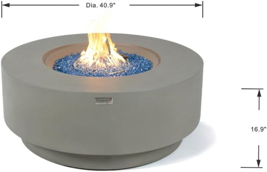 Elementi+ | Bundle Colosseo Gas Fire Pit Cast Concrete 40" Dia. Round Fire Table, Outdoor Fire Pit Electronic Ignition | Canvas Cover, Fire Glass and Burner Lid Included | Light Gray | Propane Gas