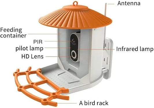 Smart Bird Feeder with Camera Wireless Outdoor, Solar-Powered, Infrared Light captures Movement Trajectory, Smart Bird House with Cam, 2K Live View, Ideal Present for Backyard Birder (Orange)