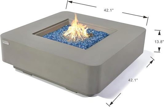 Elementi+ | Bundle Lucerne Gas Fire Pit Cast Concrete 42" Square Fire Table, Outdoor Fire Pit Electronic Ignition | Canvas Cover, Fire Glass and Burner Lid Included | Light Gray | Natural Gas
