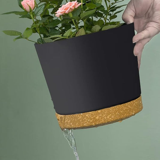 ZMTECH Plant Pots, Set of 6 6.5'' Self Watering Plastic Planter with Drainage Hole and Saucer,Modern Decorative Flower Pot for Indoor Outdoor House Plants, Succulents, Flowers - Dark Gray