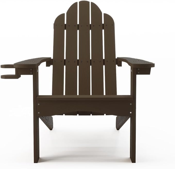 LUE BONA HDPS Adirondack Chairs, Fire Pit Outdoor Chair Weather Resistant with Cup Holder, Modern Plastic Chair Plastic for Patio, Deck, Proch, 350LBS, Dark Brown