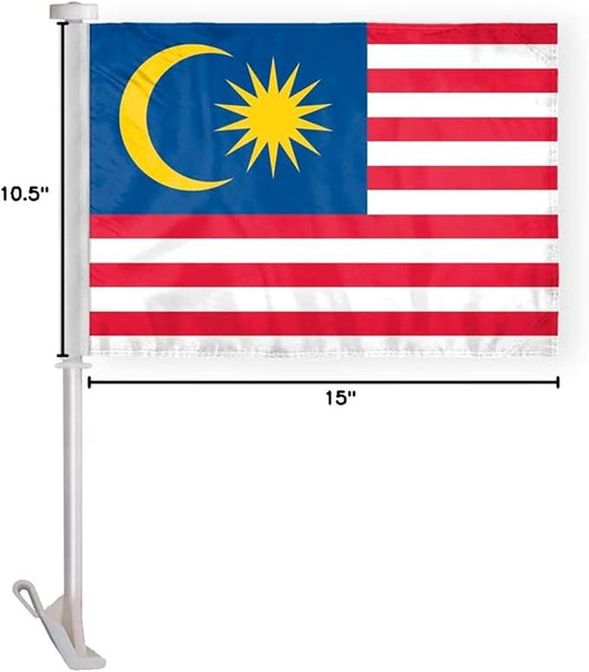 AGAS Malaysia Car Flag Premium 10.5x15 inch Printed Double Sided on Super Knit Polyester Fabric Double Stitched 19 Inch White Plastic Unbreakable Stiff Pole High Visibility Malaysian National Car Flag