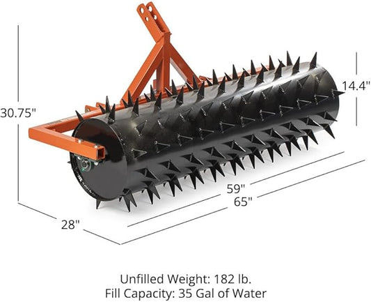 Titan Attachments 3 Point 5 ft Drum Spike Aerator, Fits Cat 1 & 2 Tractors, Tow-Behind Soil Penetrator, Adjustable Weight for Compact Soil, Pull Behind Lawn Tool for Drainage & Fertilization