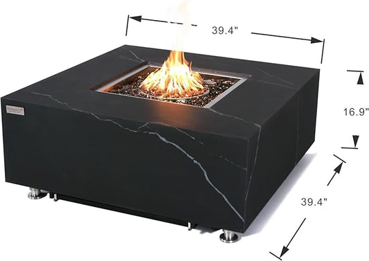 Elementi+ | Bundle Sofia Gas Fire Pit | Marble Porcelain & Metal Frame | 40" Square Fire Table | Electronic Ignition | Canvas Cover, Fire Glass & Burner Lid Included | Black | Propane Gas