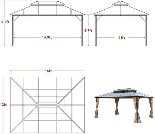 MELLCOM 12x16ft Outdoor Polycarbonate Double Hardtop Roof Gazebo, Aluminum Furniture Gazebo Canopy with Netting and Curtains for Garden, Patio, Lawns, Party and Deck