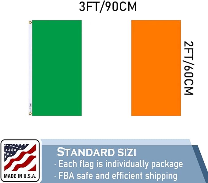 Ireland Flag 2x3 FT 100% Made in The USA-Heavy Duty Vibrant Colours Double Sided Irish National Flag with 2 Brass Grommets for Home/Company/Indoor Outdoor Decoration