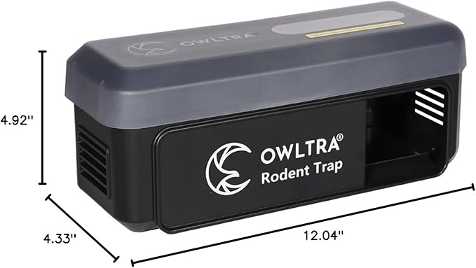 OWLTRA OW-7 in-/Outdoor Electric Rodent Trap, Instant Kill Mouse & Rat Zapper with Waterproof Cover, Sound & Light Alarm, and Batteries or USB Power Source, Waterproof Grade IPX4, Black