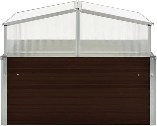 Galvanized Steel Greenhouse, Raised Garden Bed with Greenhouse, Metal Planter Box with Polycarbonate Mini Greenhouse, Brown 39.4"x39.4"x33.5" Galvanized Steel,-106
