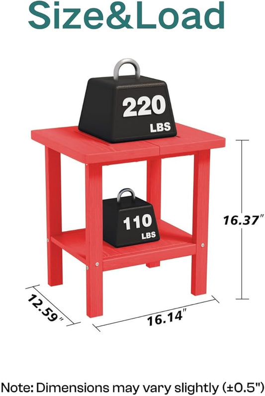 Kingdura Adirondack Outdoor Side Table, 16 x 13 Inches HDPE Plastic Outside End Tables for Patio Pool Porch Backyard Indoor, 2 Tiers Storage Shelf, All Weather Resistant, Easy Maintenance (Red)