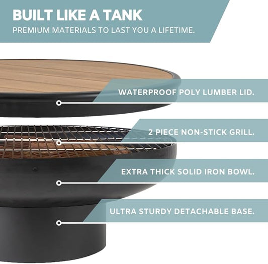 DENKOE 32 Inch Round Fire Pit Table with Fire Pit Grill, Extra Thick, Heavy Duty Fire Bowl, Deep Outdoor Firepit, Wood Burning Firepits for Outside Patio, Backyard Fire Pits, Large BBQ Pit