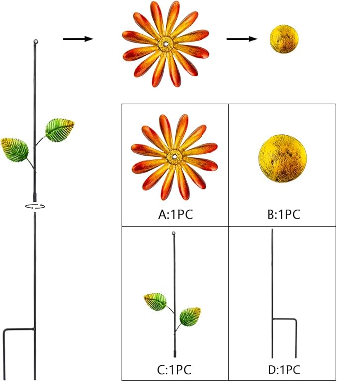 DREAMYSOUL 4 Packs Metal Flowers Wind Spinners Outdoor, Pinwheel Decorative Garden Stakes, Metal Small Wind Spinner for Yard and Garden Decor