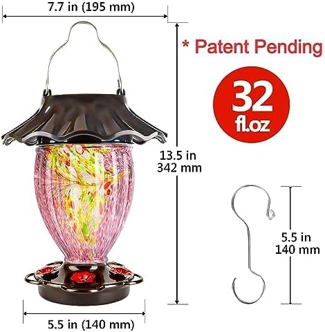 LUJII Solar Powered Hummingbird Feeder for Outside Hanging, Trophy Shaped Hand Blown Glass, Weatherproof, Lighted Lantern for Garden Decor, 32 fl.oz, Never Leak, Unique Gift for Bird Lover(Purple)