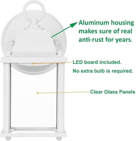 LIT-PaTH Outdoor LED Wall Lantern, Wall Sconce as Porch Light, 9.5W 800 Lumen, Aluminum Housing Plus Glass, 5000k-Matte White Finish, 2-Pack