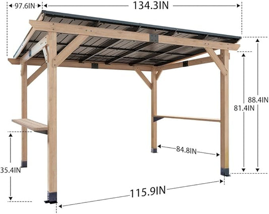 8x10 FT Wood Grill Gazebos, BBQ Wooden Gazebo with Hardtop Sloping Steel Roof, Wood Outdoor Gazebo Pavilion with 2 Side Storage Shelves,Cedar Frame Patio Tent for Barbecue, Garden, Deck
