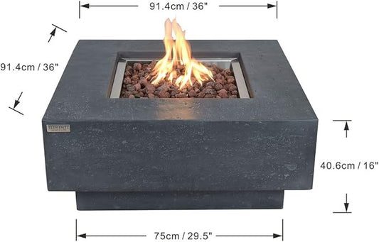 Elementi | Manhattan Gas Fire Pit Cast Concrete 36" Square Fire Table, Outdoor Fire Pit Electronic Ignition | Canvas Cover, Lava Rock Included | Dark Gray (Propane Gas)