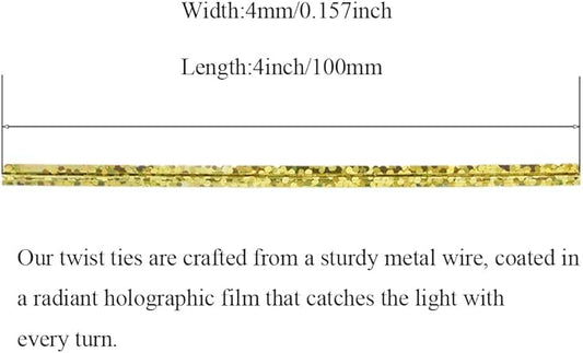 HAHIYO 300Pcs 4inches Holographic Gold Metal Twist Ties Bread Candy Coffee Bag Ties Plant Garden Twist Ties for Cellophane Treat Bags Gift Wraping Bags Plastic Bags Party Cake Present Art Crafts