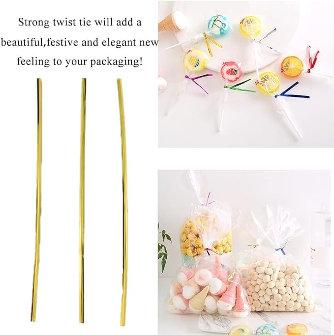 HAHIYO 300Pcs 8inches Gold Metal Twist Ties Bread Candy Coffee Bag Ties Plant Garden Twist Ties for Cellophane Treat Bags Gift Wraping Bags Plastic Bags Halloween Party Cake Present Art Crafts