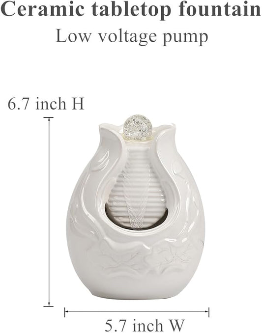 Fountain Tabletop Indoor and Outdoor Home and Garden Decoration Waterfall Water Feature Ceramic mini Fountain (White S084)