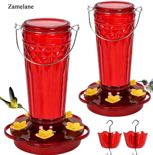 Hummingbird Feeder 2pack-14Ounces,5 Feeding Ports Glass Hummingbird feeders for Outdoors,Wide Mouth for Easy Filling/Cleaning,Hanging for Garden Backyard Decor, Includes Ant Moat (Red)