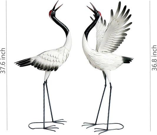 chisheen Crane Garden Statues Outdoor Metal Heron Yard Art Crane for Garden Sculptures Patio Lawn Ornaments,Set of 2