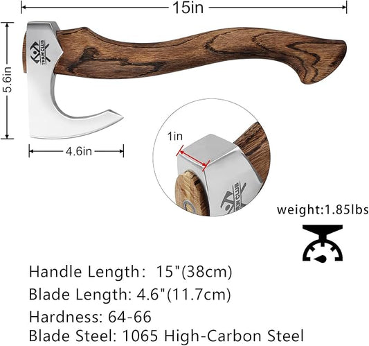 15" Camping Hatchet, Hand-Forged Axe with Sheath for Wood Chopping and Splitting, Bushcraft Axe with Beech Handle for Outdoor Camping and Survival
