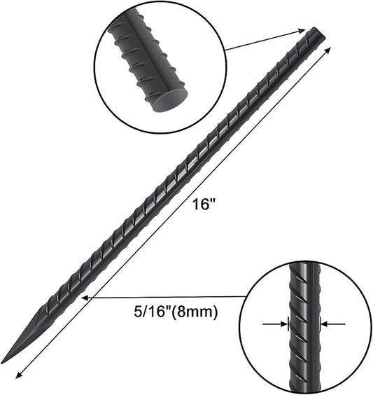 VVOKGO Rebar Stakes 16 Inches Ground Concrete Form Stakes (12pcs), Straight Metal Spikes Heavy Duty with Chisel Point End, 5/16" Diameter Steel Anchors for Fence, Concrete Timber, Garden Plants, Black