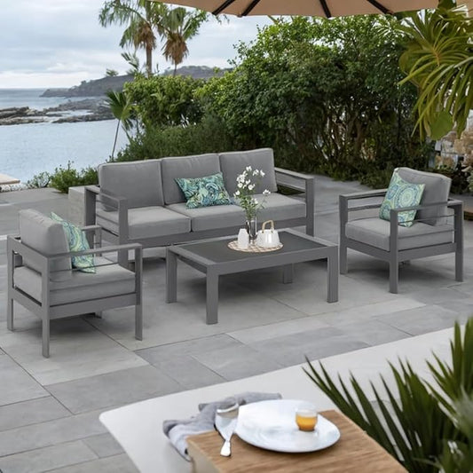 Solaste Aluminum Patio Furniture Set, 5 Seats Modern Outdoor Conversation Set Sectional Sofa with Upgrade Cushion and Coffee Table,Grey