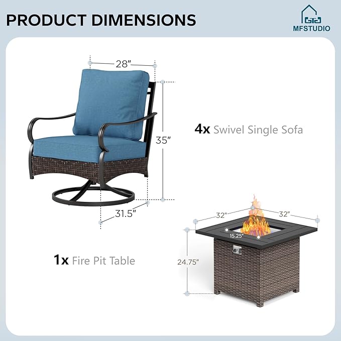 MFSTUDIO 5 Pieces Outdoor Patio Furniture Set, Metal Outdoor Conversation Sofa, Rattan Wicker Patio Sectional Sofa Set with 4 x Swivel Single Sofa, 1 x Fire Pit Table, Navy Blue
