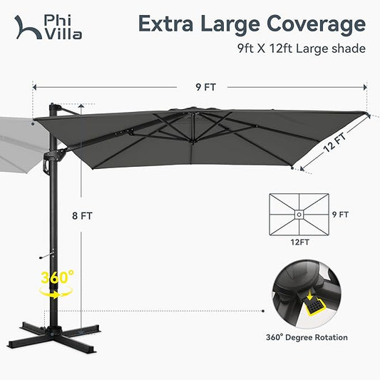 PHI VILLA 9'x 12' Cantilever Patio Umbrella with Crank Handle, 6-Level Tilt & 360° Rotation, Aluminum Square Outdoor Offset Umbrella Windproof & Crashproof for Garden, Deck, Pool (Grey)