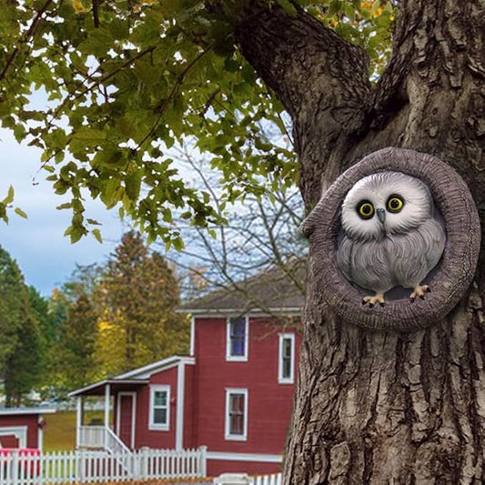 Baby Owl Resin Tree Faces, Whimsical Halloween Decorations Outdoor Owl Hugger Sculpture, Garden Ornament for Yard Lawn Patio Porch, Tree Decor Unique Garden Gift, Durable Waterproof Resin Statue