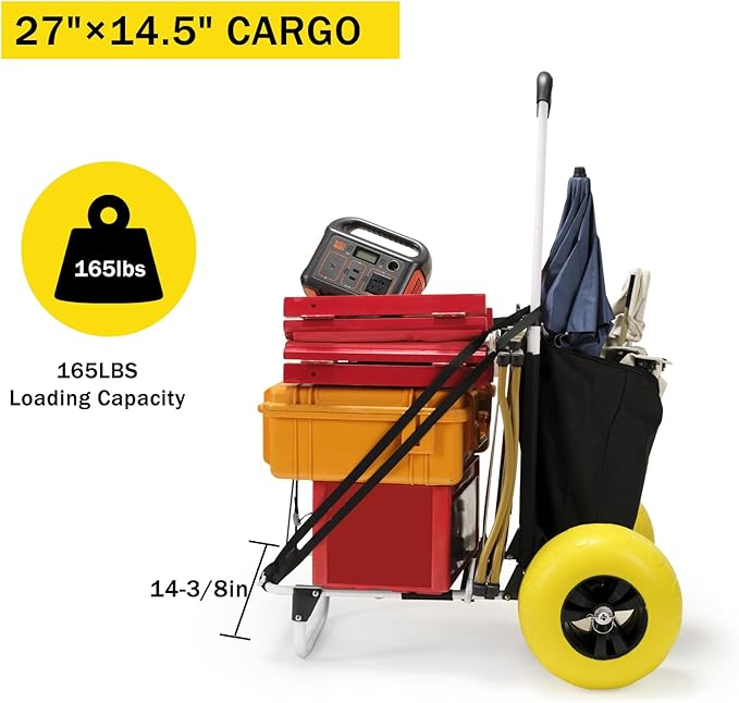 Beach Fishing Cart, 13” Big Balloon Wheels w/Flat-Free Solid PU Tires for Sands, 165LBS Loading Folding Sand Cart & 33.1" to 51.6" Adjustable Height, Beach Buggy Cart w/Storage Bag, No Rust
