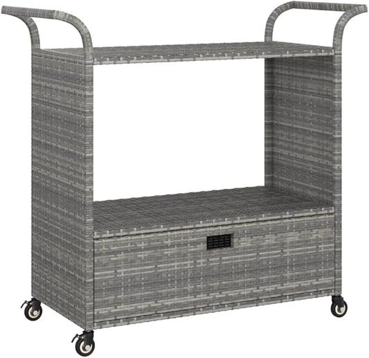 Outdoor Rolling Wicker Bar Cart with Drawer, Portable Bar Cart with Wheels, Patio Kitchen Island Cart for Pool Deck Backyard, Gray 39.4"x17.7"x38.2" Poly Rattan -461