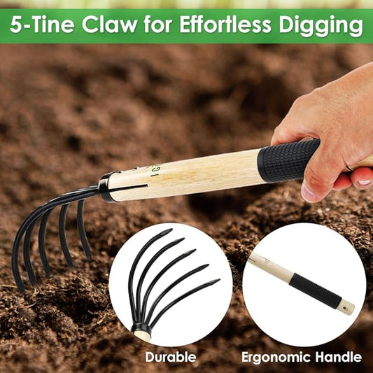 15inch Wood Hand Japanese Claw Rake NonSlip Rubber Handle, Military Grade Steel 5 Tine Cultivator Gardener for Pulverized and Aerated Soil
