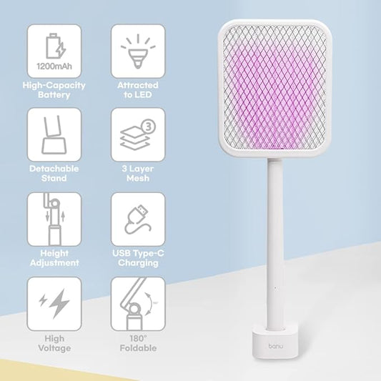 BANU Electric Fly Swatter Bug Zapper Racket, 180-Degree Folding, Adjustable 2-in-1 Mosquito Killer Lamp, Rechargeable 1200mAh Battery, 3-Layer Safety Mesh, Suitable for Indoor and Outdoor Use