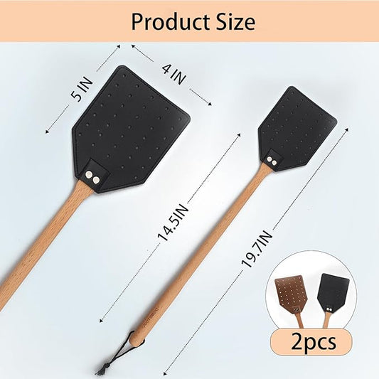 2 Pack Sturdy Leather Fly Swatter for Indoors - (19.7”)Long Handle Heavy Duty Wood Fly Swatter With Hanging Rope, Durable Fly Swatter for Outdoor Rustic Bug Swatter Flies,Mosquitoes And Bees
