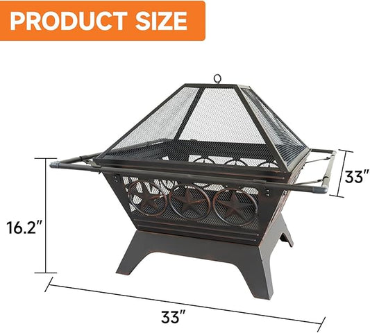 33-Inch Square Fire Pit, Large Metal Fireplace/Firepit with Mesh Lid, Poker, Waterproof Cover