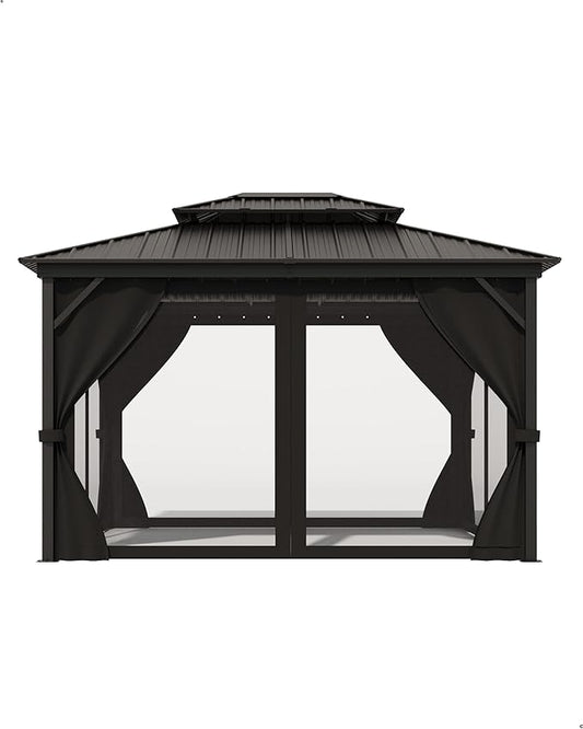 10x12 Ft Hardtop Gazebos with Heavy Duty Double Roof, Nettings and Curtains Galvanized Steel Outdoor Gazebos for Patio, Backyard, Deck, Lawn (Grey)