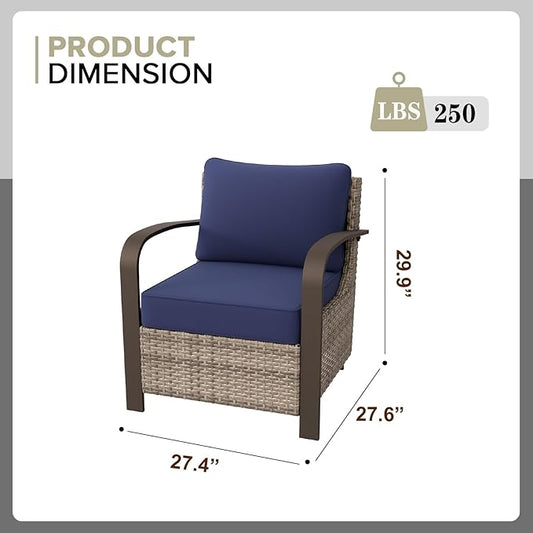 COOS BAY Aurora Terrace Outdoor Chairs with Cushions, Wicker Dining Set with Deep 4-Inch Seating, Modern Curved Armrest Porch Chairs, Set of 2, Beige/Blue