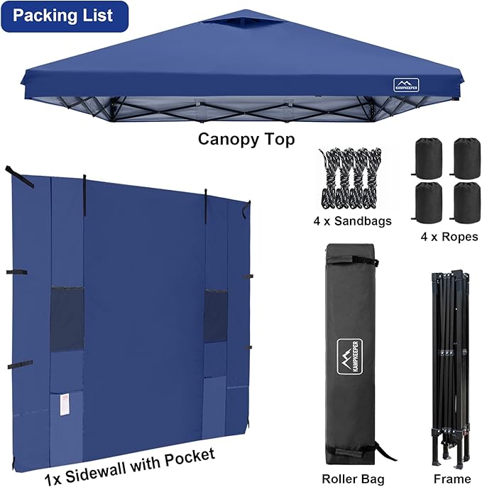 KAMPKEEPER 10x10 Easy Pop Up Canopy Tent with Sidewalls, Instant Outdoor Shade Shelter with Removable 10FT Sun Walls, Quick Setup Waterproof and UV-Resistant for Patio (Navy Blue, 1 sidewall)