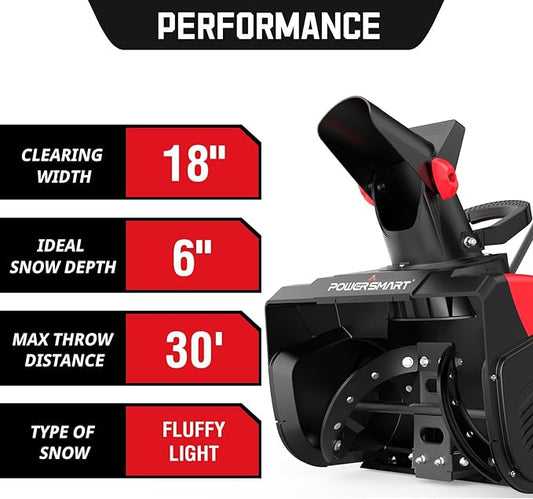 PowerSmart 18" Corded Snow Blower, Electric Snow Thrower with 15-Amp Motor, 2200 RPM, 30' Throwing Distance DB7517