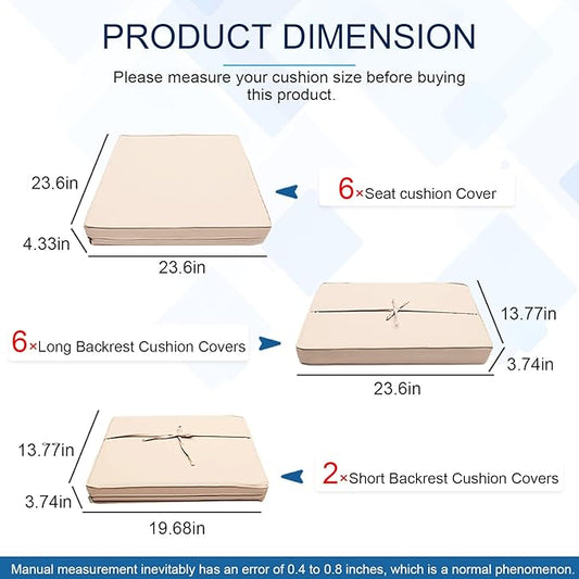 14 PCs Patio Cushion Covers for 7 PCs Outdoor Furniture Sectional Seating Sets Water Resistant Plus 2 Throw Pillows (Khaki, 23.6(L)*23.6(W)*4.33(T) inches)