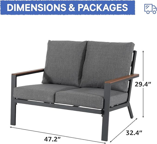 Soleil Jardin Aluminum Patio Furniture Loveseat, Outdoor 2 Seats Sofa Couch with FSC Certified Solid Wood Top, Outdoor Conversation Set Deep Seating Loveseat w/Removable Cushion, Dark Grey