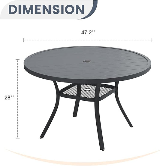 VICLLAX Round Patio Dining Table, 4-6 Person Metal Outdoor Dining Table with Umbrella Hole for Garden Lawn Deck, 47.2" Dark Grey