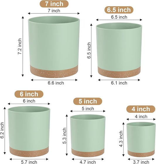 Plant Pots with Drainage Holes and Saucers – 7, 6.5, 6, 5, 4 Inch Plastic Planters for Indoor Outdoor Plants, Modern Matte Finish, Lightweight & Durable(Green)