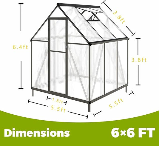 6 x 6 FT Greenhouse for Outside,Aluminum Walk-in Greenhouse,Dark Gray