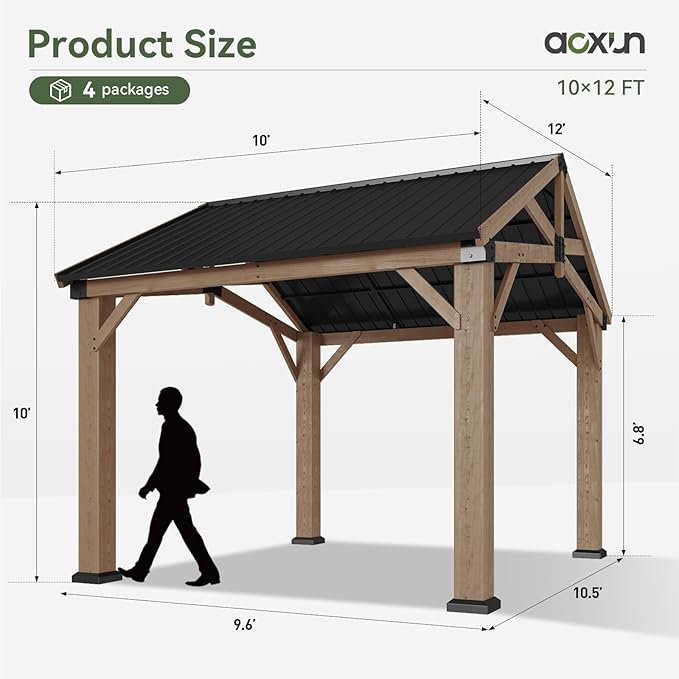 Aoxun 10' x 12' Outdoor Wood Gazebo, Hardtop Gazebo Permanent Wooden Pavilion with Galvanized Steel Gable Roof, for Patio, Garden, Backyard, Cedar Wood
