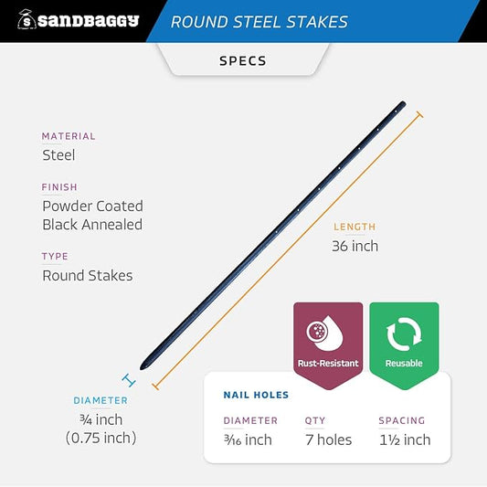 Sandbaggy Round Steel Concrete Form Stakes with Nail Holes - Rust Resistant Coating - Removable, Reusable (400, 3/4 in X 36 in)