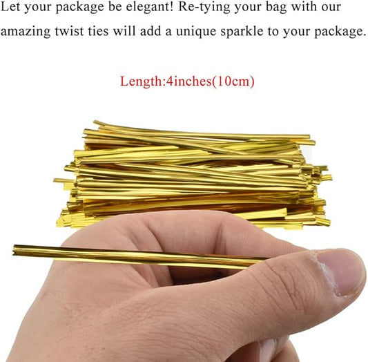 HAHIYO 300Pcs 4 inches Gold Metal Twist Ties Bread Candy Coffee Bag Ties Plant Garden Twist Ties for Cellophane Treat Bags Gift Wraping Bags Plastic Bags Halloween Party Cake Present Art Crafts